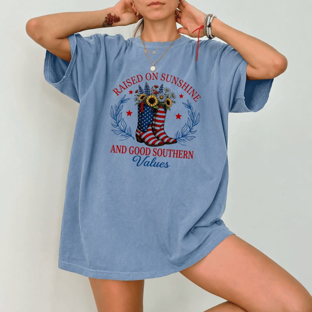 Comfort Colors Raised on Sunshine and Good Southern Values Patriotic American Boots Shirt - Cute Patriotic Gift for Cowgirl Lovers - detail view