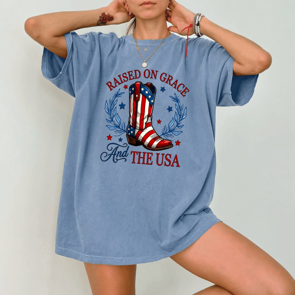 Comfort Colors Raised on Grace and the USA Patriotic Cowgirl Boots Shirt - USA Flag Boots Shirt - 4th of July Patriotic Gift for Cowgirl Lovers - back view