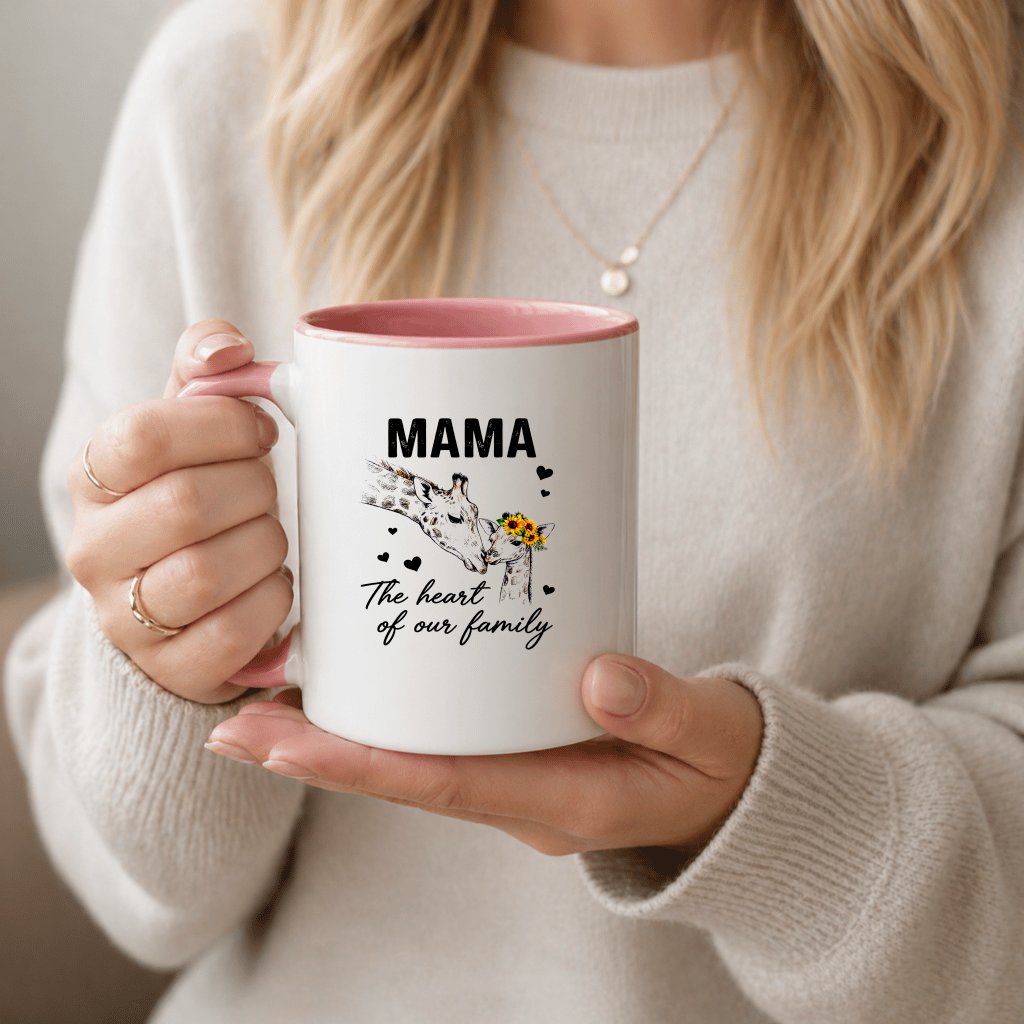 The Heart Of Our Family Mama Giraffe Accent Mug - Cute Mama Heart Mug - Ideal Mother's Day Gift for women - back view