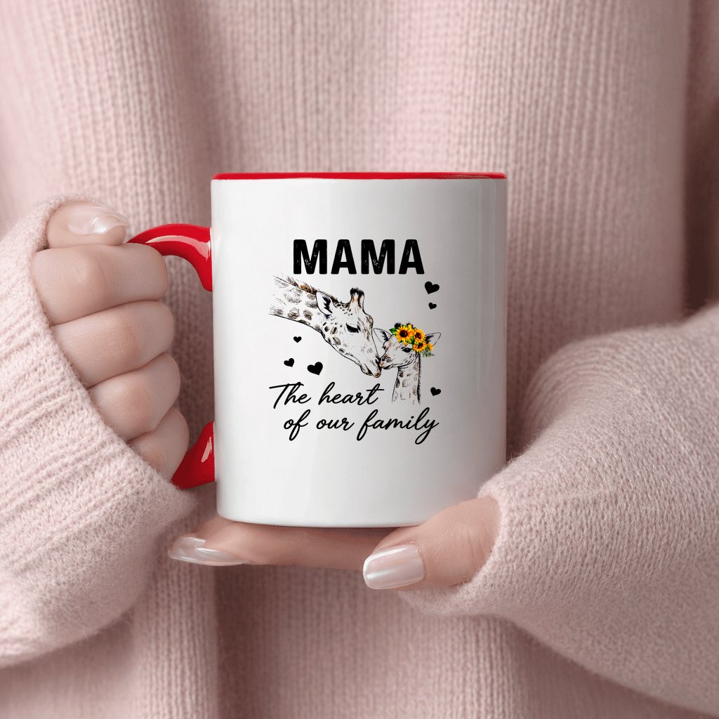 The Heart Of Our Family Mama Giraffe Accent Mug - Cute Mama Heart Mug - Ideal Mother's Day Gift for women - detail view