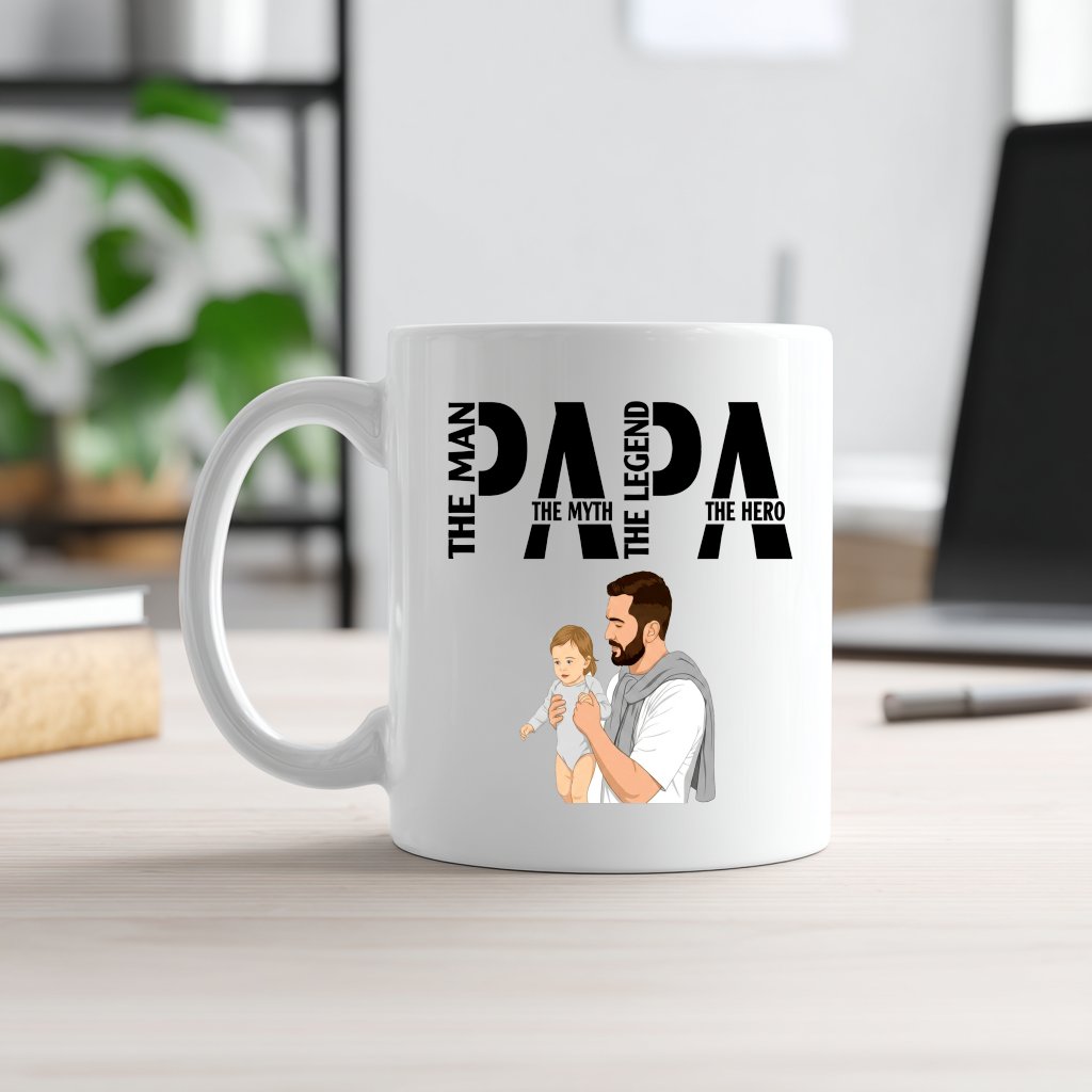 The Man The Myth The Legend Papa Mug - Dad Hero White Mug - Funny Father's Day Gift for Him - front view