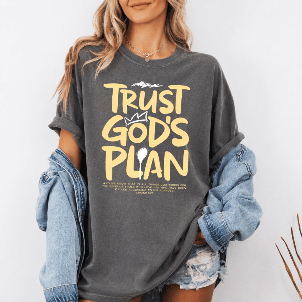 Comfort Colors Retro Classic Style Trust God's Plan Shirt - Funny Christian Gift for Him & Her - detail view