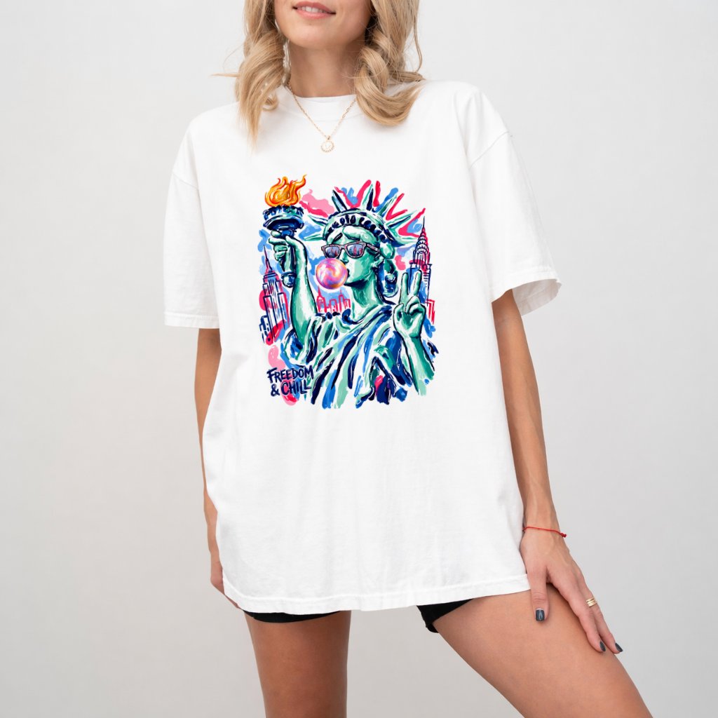 Comfort Colors Preppy Freedom and Chill Statue of Liberty Shirt - Independence Liberty Gift for Women - back view
