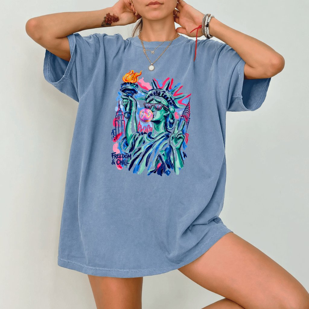 Comfort Colors Preppy Freedom and Chill Statue of Liberty Shirt - Independence Liberty Gift for Women - detail view