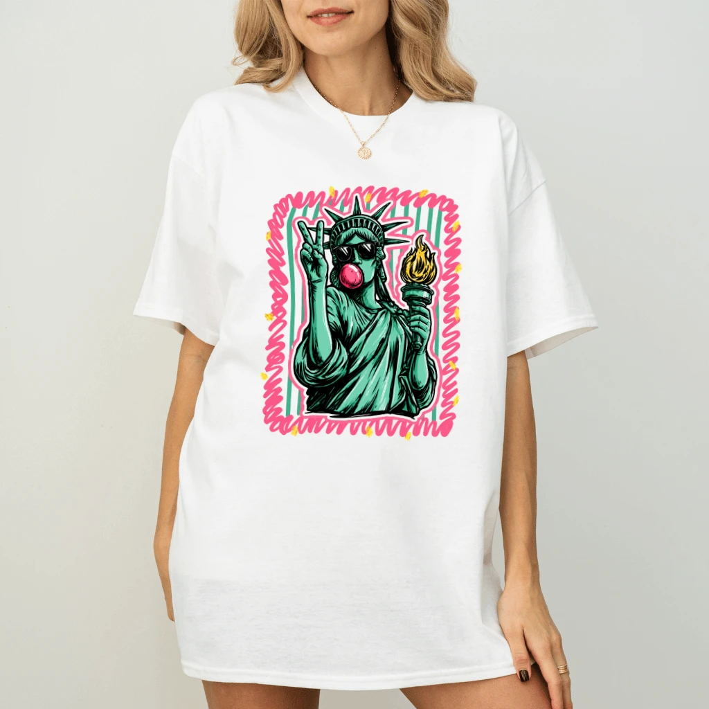 Funny Independence Liberty T-Shirt for women - Preppy Stripes Statue of Liberty Blowing Bubble Shirt - USA Patriotic Gift for Her - back view