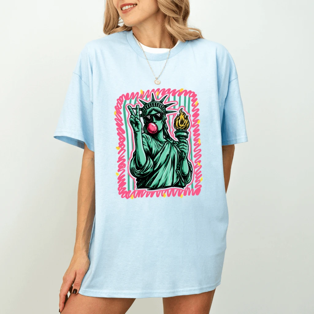 Funny Independence Liberty T-Shirt for women - Preppy Stripes Statue of Liberty Blowing Bubble Shirt - USA Patriotic Gift for Her - detail view