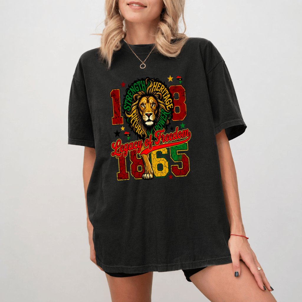 Comfort Colors Retro 1865 Legacy of Freedom Lion Juneteenth Shirt - African America Pride Gift for Him & Her - detail view