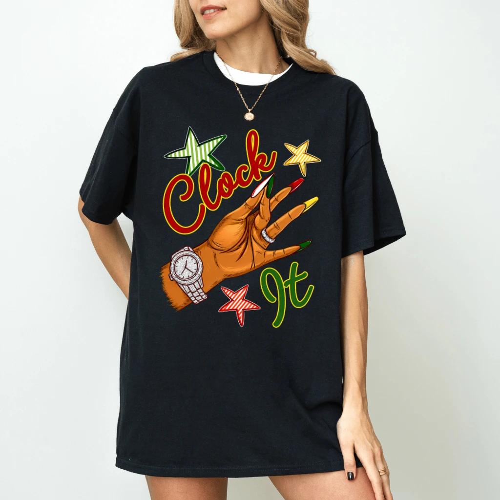 Clock It Afro Queen Striped Juneteenth Shirt - Black History Month Gift for Him & Her - back view