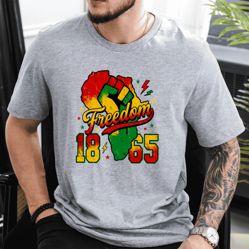 Retro 1865 Freedom African American Pride T-Shirt - Black History Month Gift for Him & Her - detail view