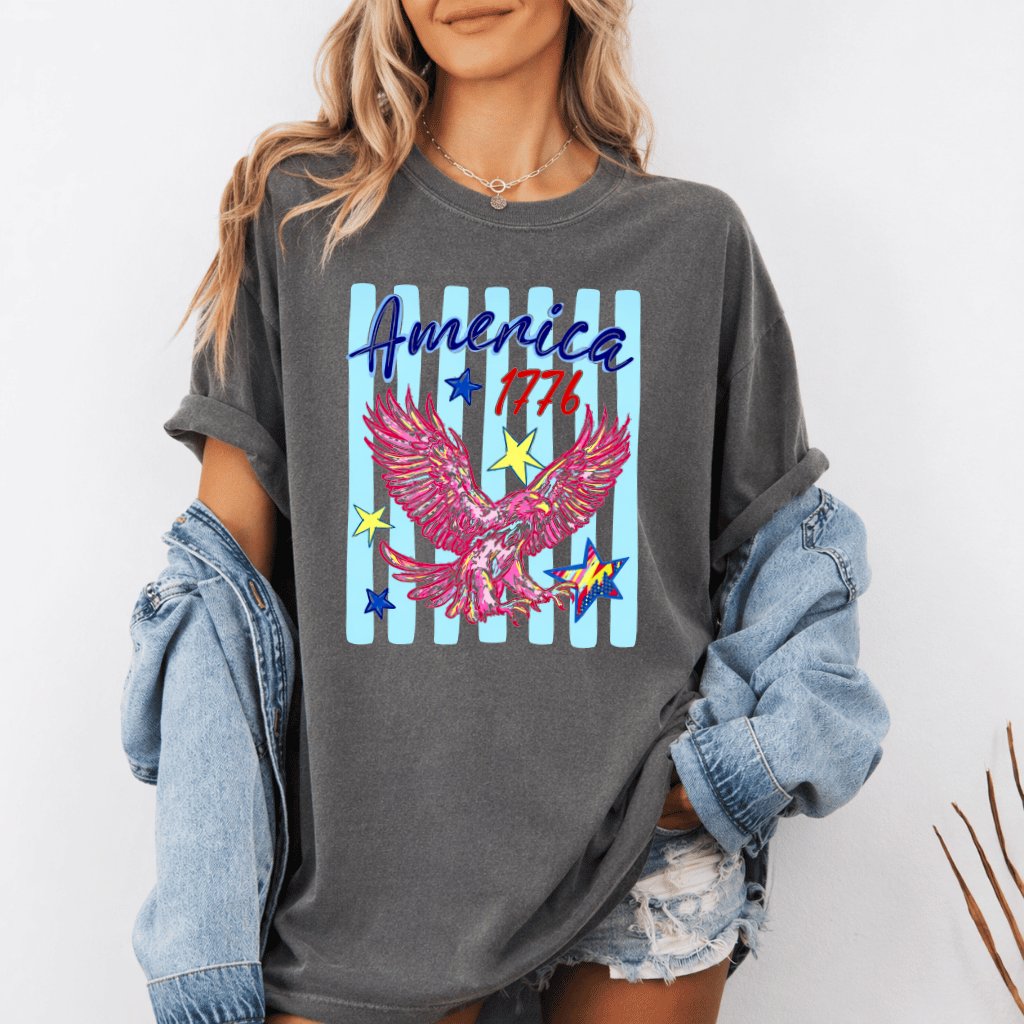 Comfort Colors Preppy Stars and Stripes America 1776 Eagle Shirt - Perfect USA Patriotic Gift for Her - back view
