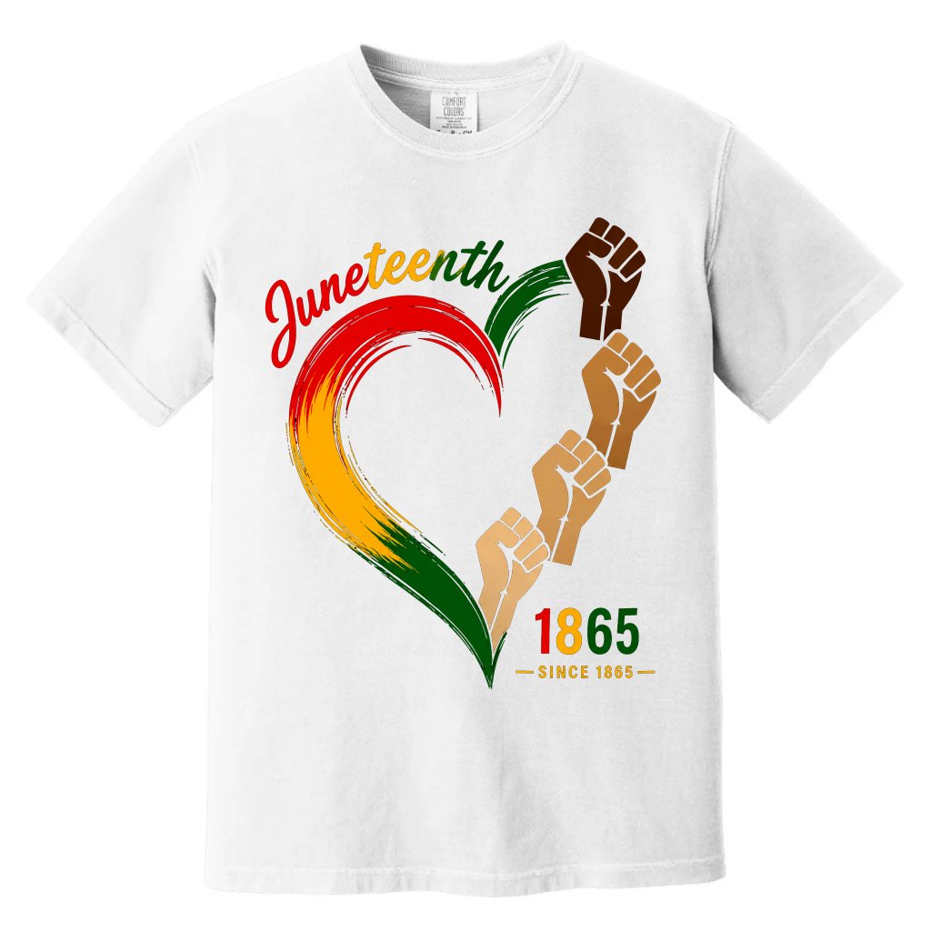 Comfort Colors Black Queen Raised Fist Heart Juneteenth 1865 Shirt – Freedom Day Gift for Him & Her - front view