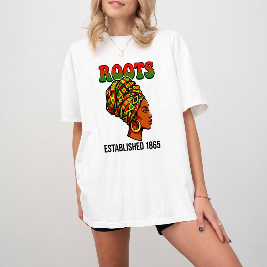 Comfort Colors Roots Establish 1865 Melanin Queen Shirt - Black Pride Gift for Her - detail view