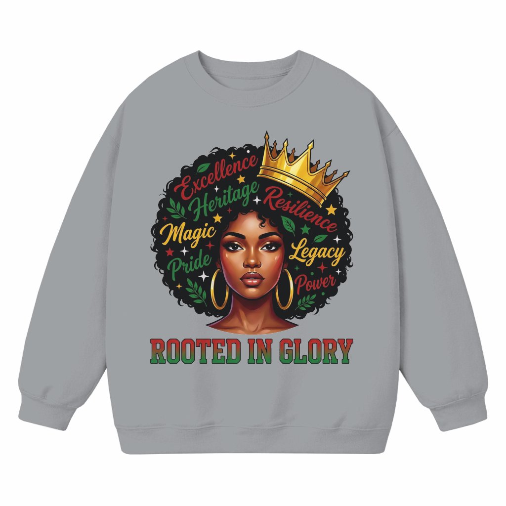 Rooted In Glory African Black Woman Sweatshirt - Black Juneteenth Gift for Her - front view