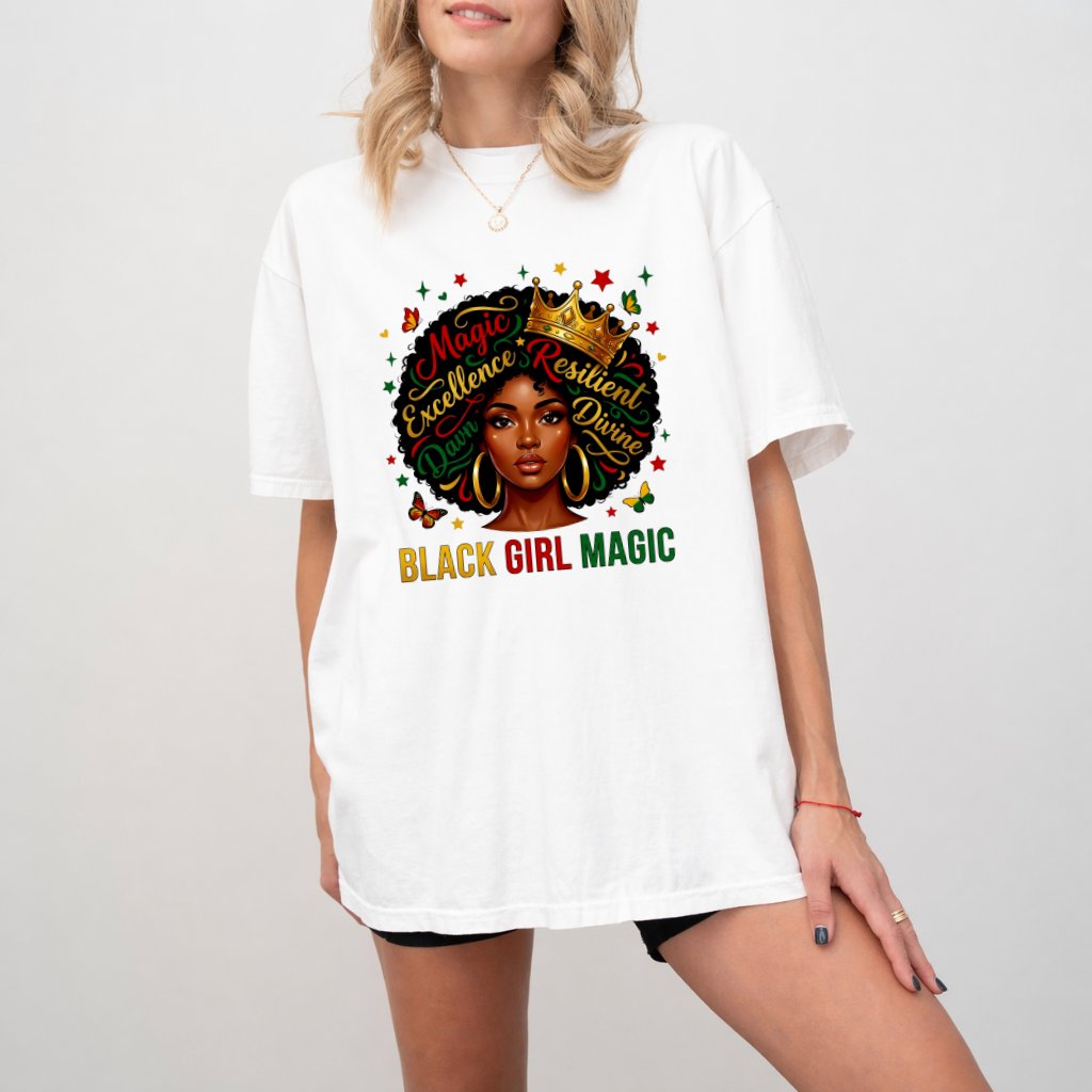 Comfort Colors Black Girl Magic Melanin Queen Shirt - Juneteenth Gift for Her - detail view
