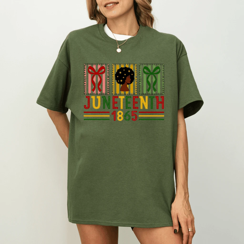 Vintage Coquette Bow Melanin Queen Juneteenth 1865 T-Shirt - Black Pride Gift for Her - detail view