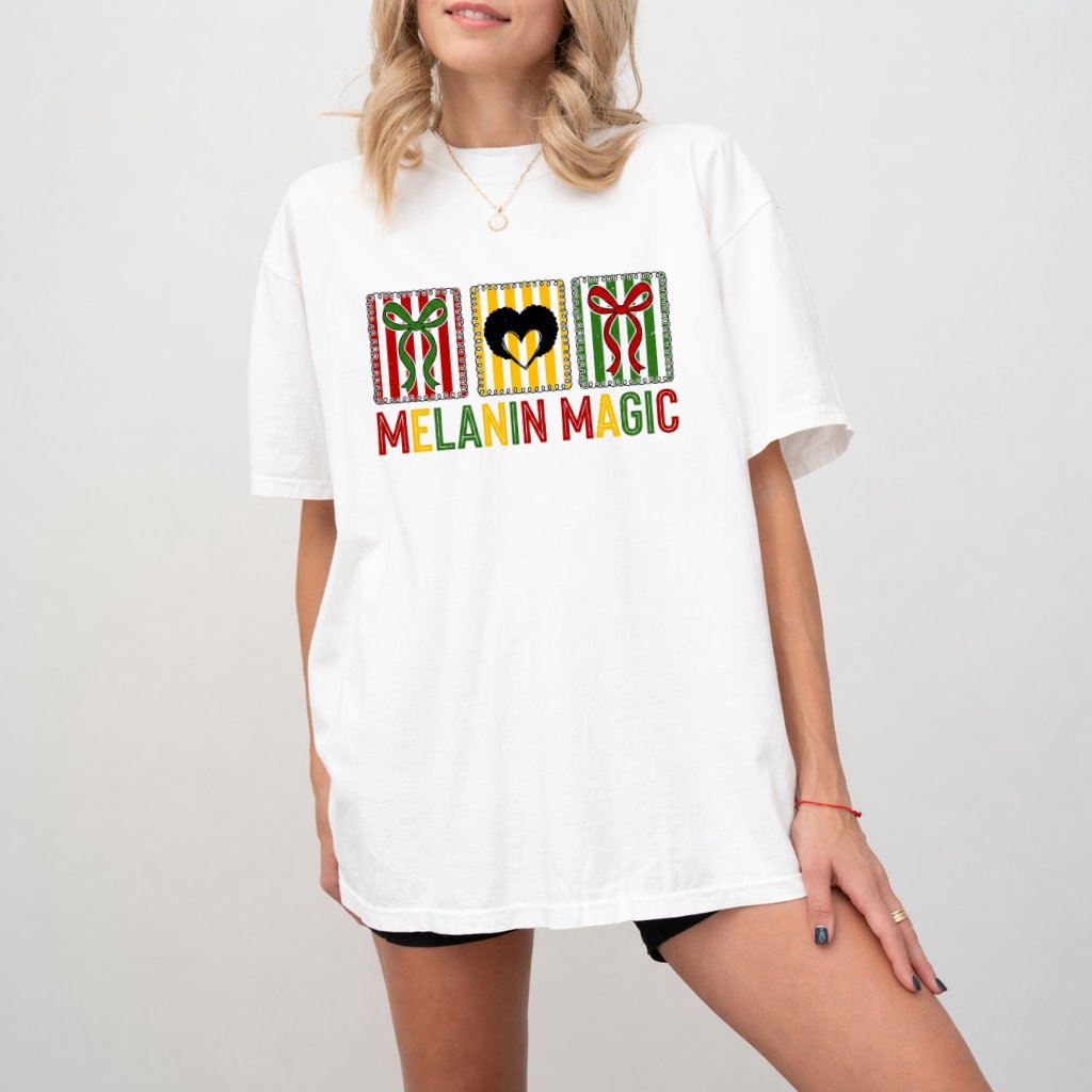 Comfort Colors Striped Coquette Bows Melanin Magic Black Woman Shirt - Afro Juneteenth Gift for Her - back view
