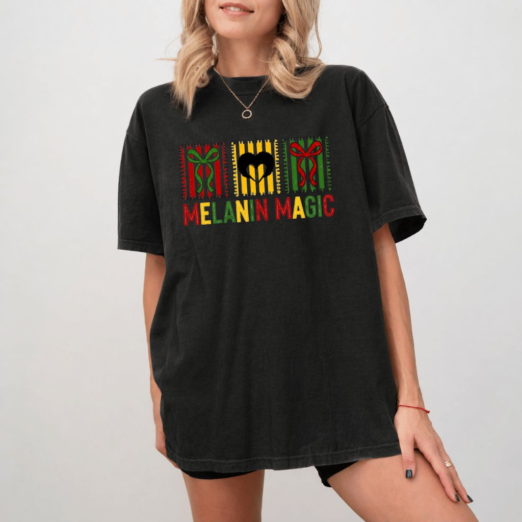 Comfort Colors Striped Coquette Bows Melanin Magic Black Woman Shirt - Afro Juneteenth Gift for Her - detail view