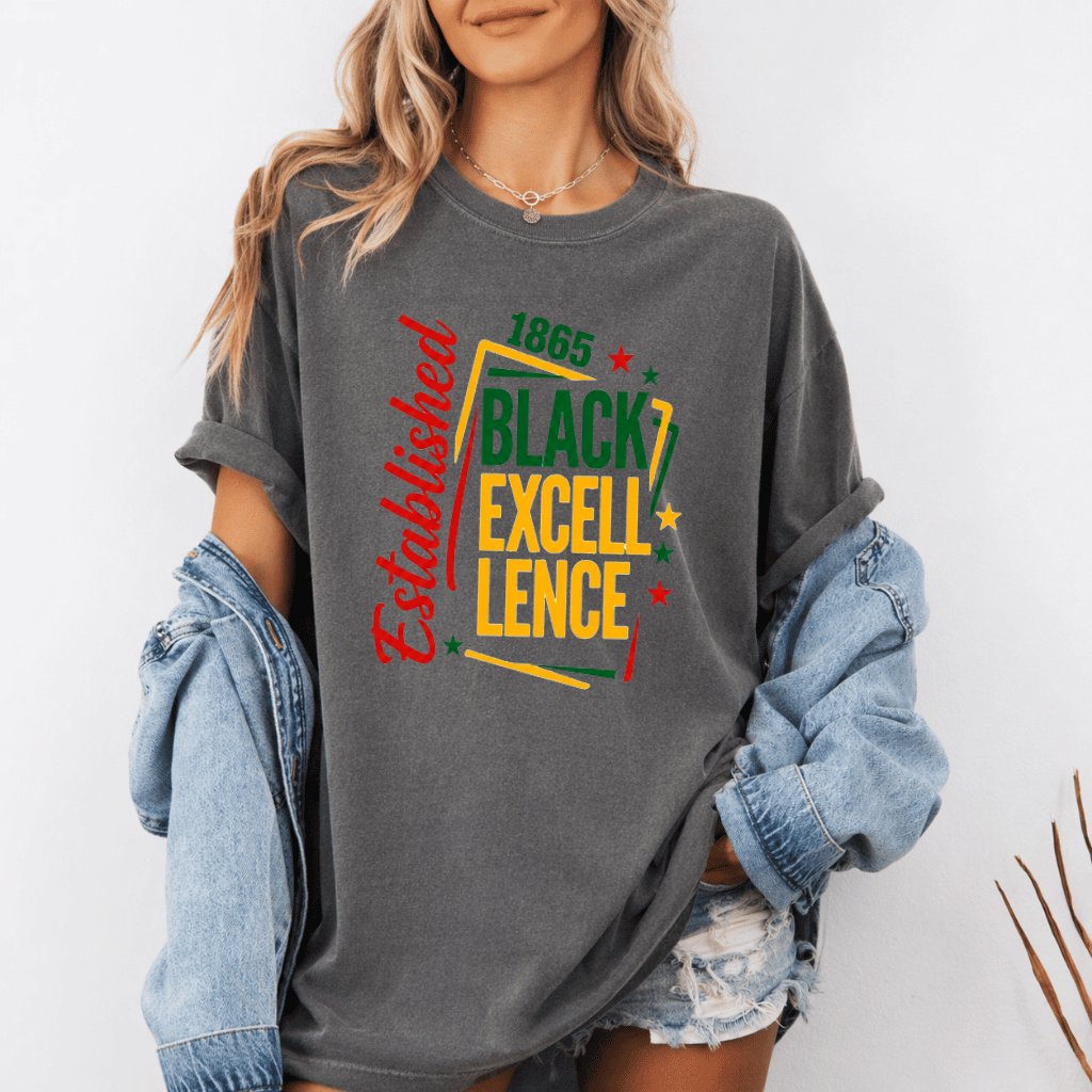 Comfort Colors Black Excellence Established 1865 Shirt - Black Juneteenth Gift for Him & Her - detail view