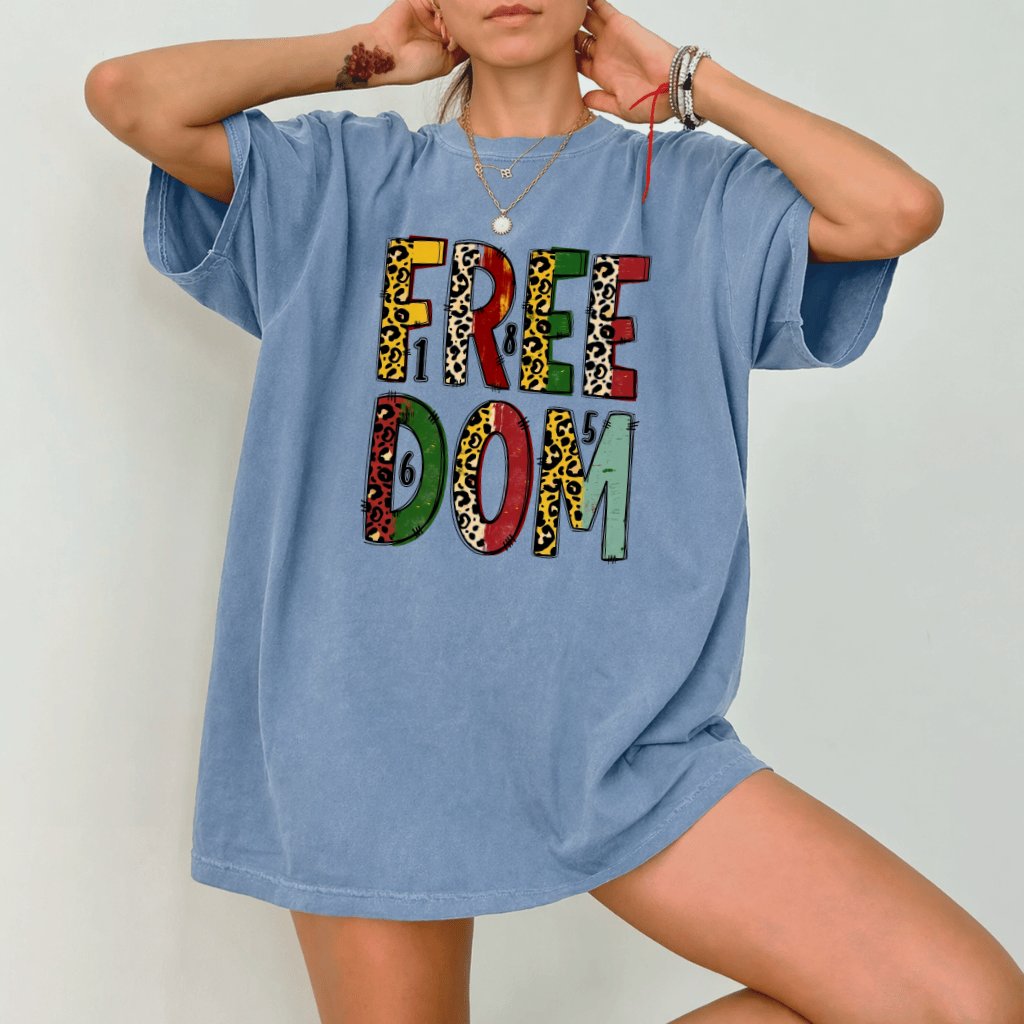 Comfort Colors Leopard 1865 Freedom Shirt - African American Pride Gift for Her - detail view