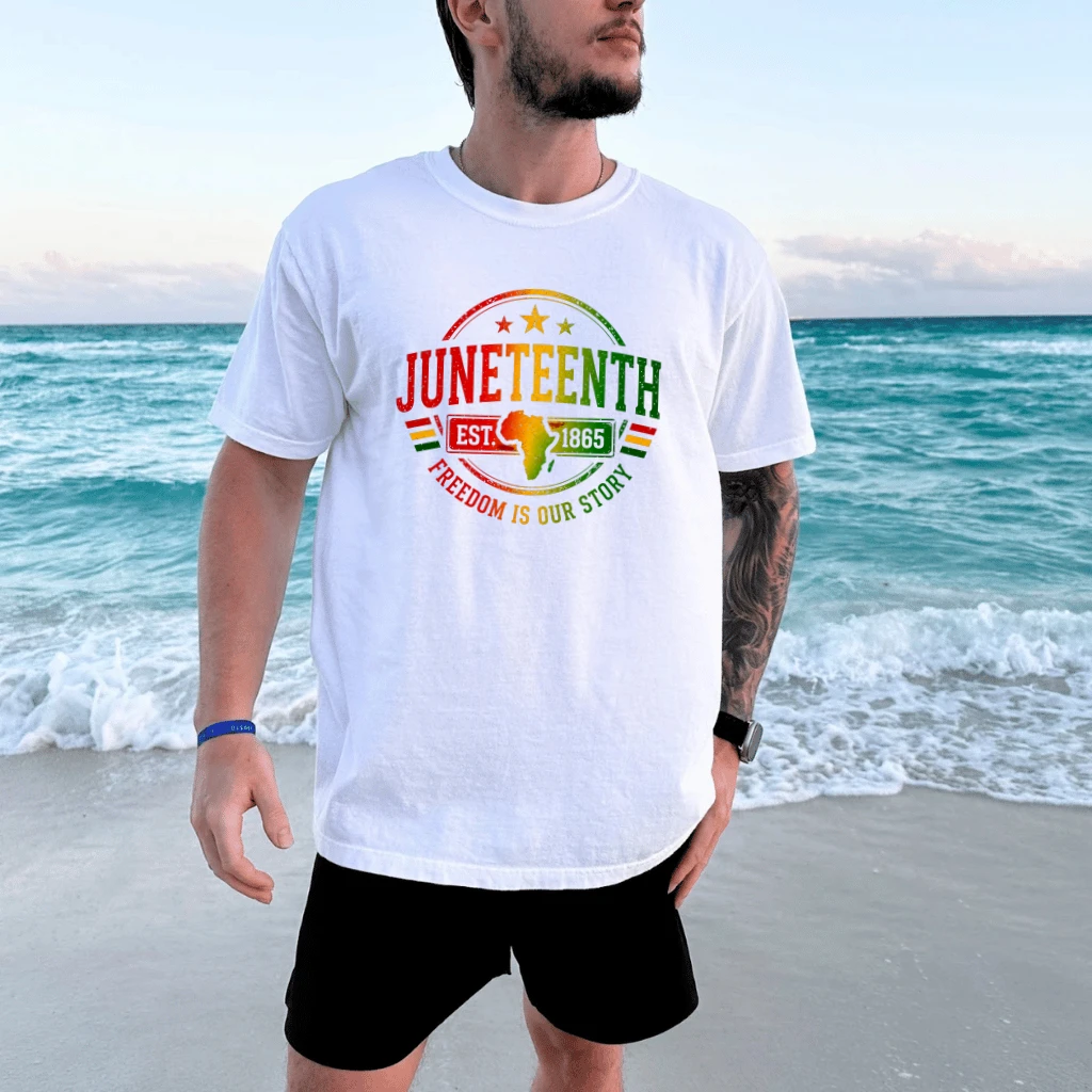 Neon Colors Juneteenth 1865 T-Shirt - Freedom Is Our Story Juneteenth Gift for Men - detail view