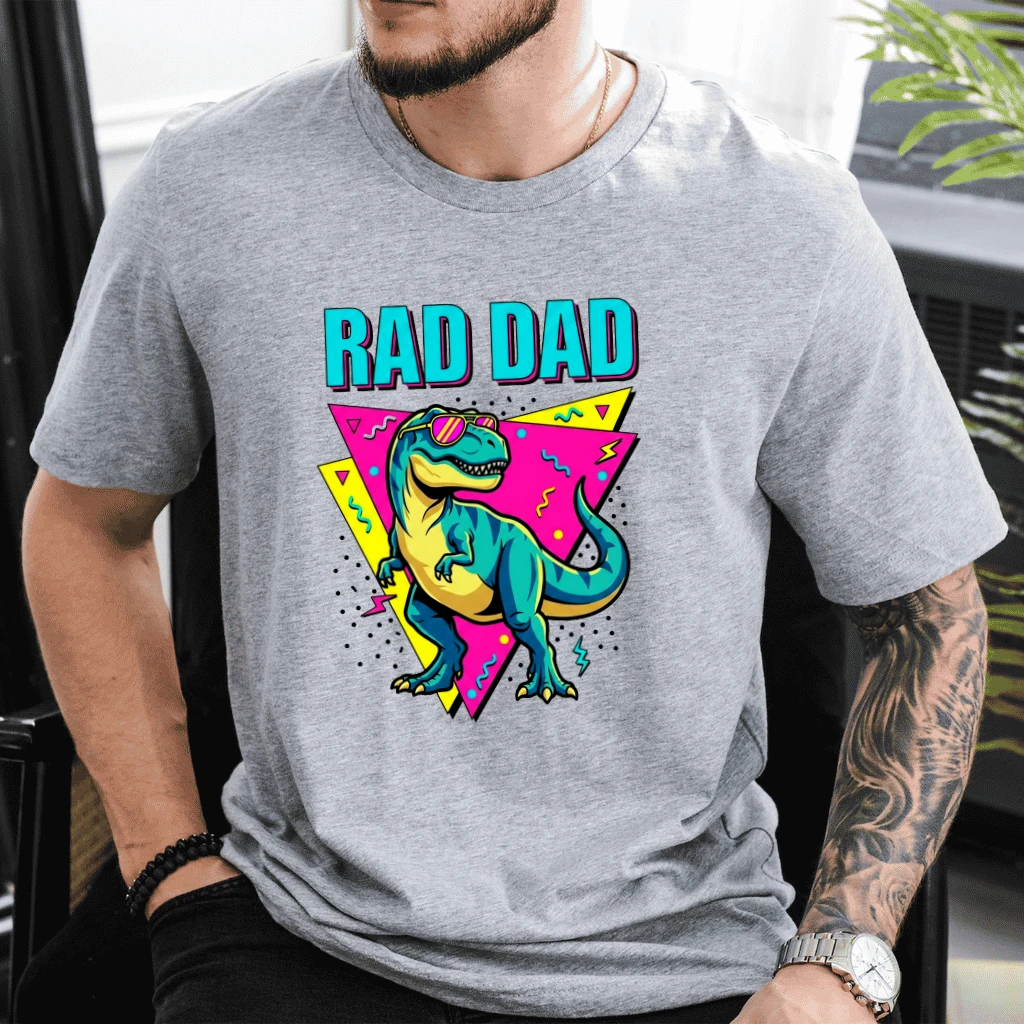Cool Fashion 80s Dinosaur Dad T-Shirt - Cute Father's Day Gift for Him - detail view