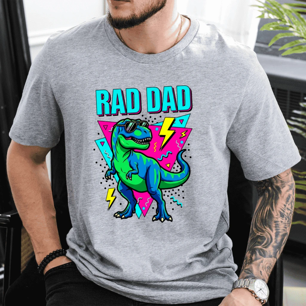 Trendy 80s Neon Cool Daddy Dinosaur Shirt - Father's Day Gift for Him - back view