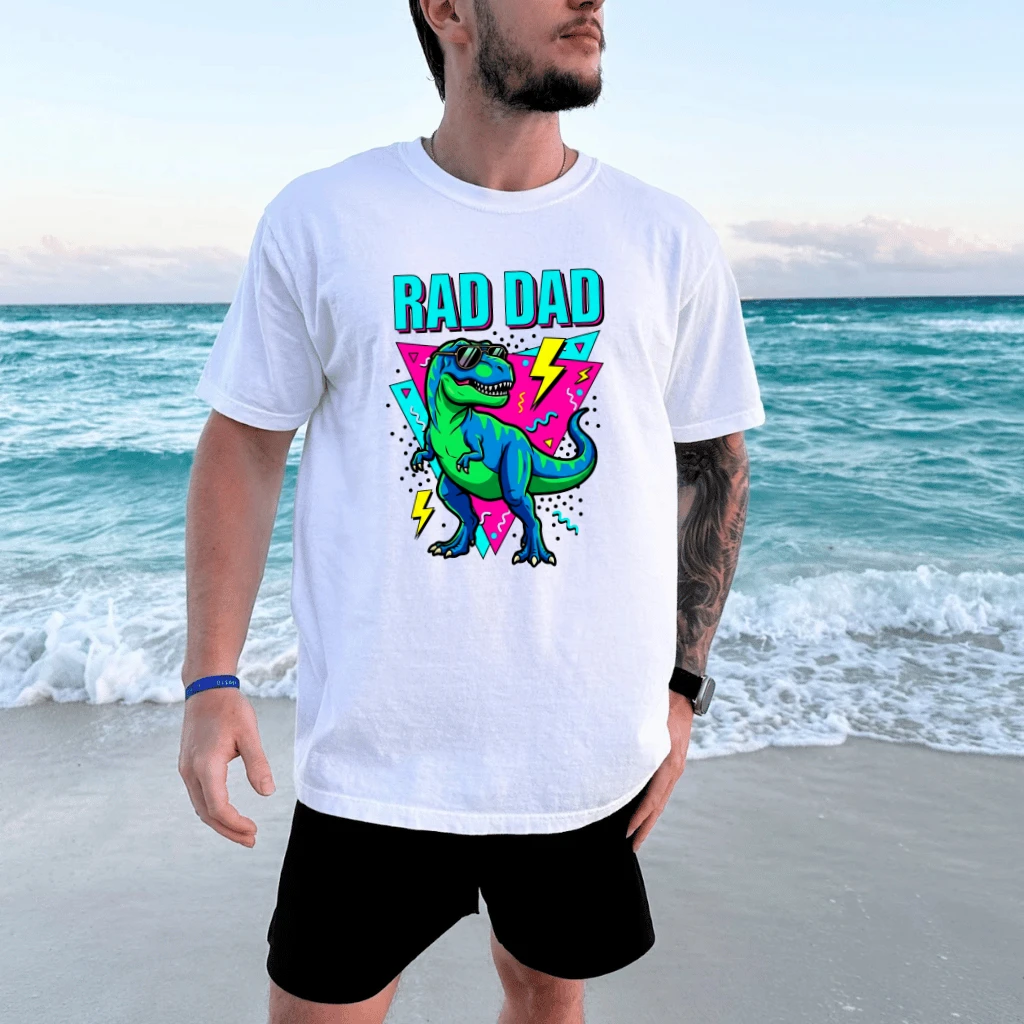 Trendy 80s Neon Cool Daddy Dinosaur Shirt - Father's Day Gift for Him - detail view