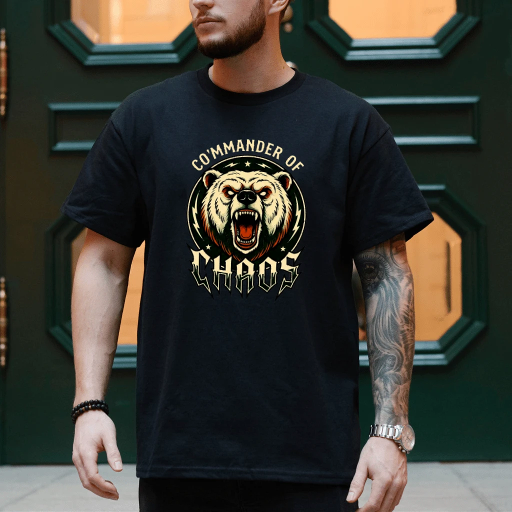 Commander of Chaos Crazy Bear T-Shirt - Cool Father's Day Gift for Beer Lovers - back view