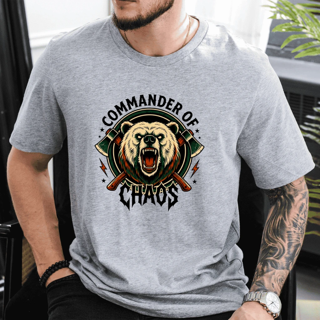 Commander of Chaos Cool Bear Dad T-Shirt - Funny Father's Day Gift for Him - detail view