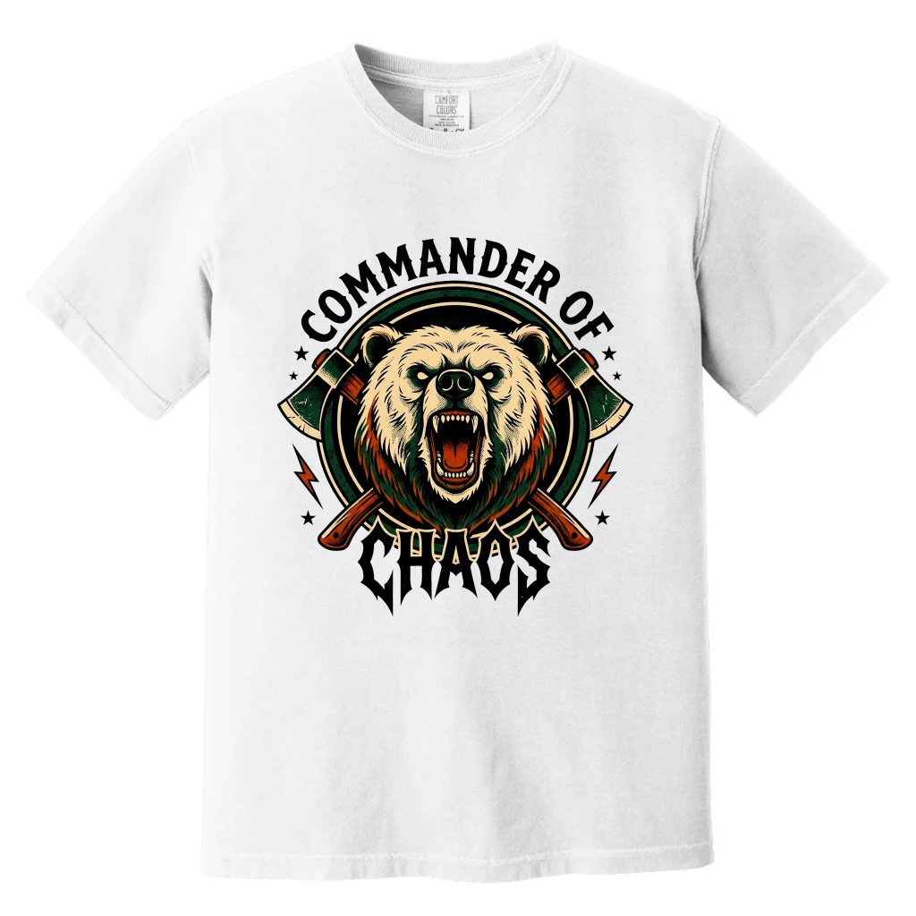 Comfort Colors Commander of Chaos Cool Bear Dad Shirt - Funny Father's Day Gift for Him - front view