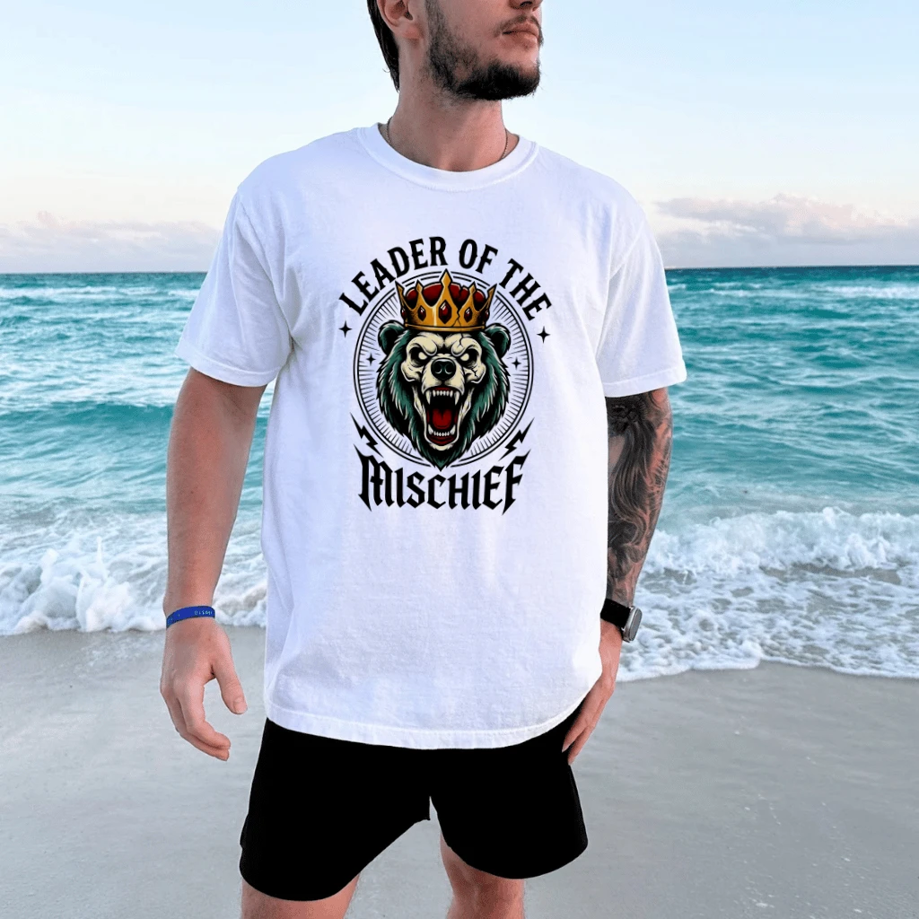 Leader of The Mischief Bear King T-Shirt - Funny Animal Gift for Dad - detail view