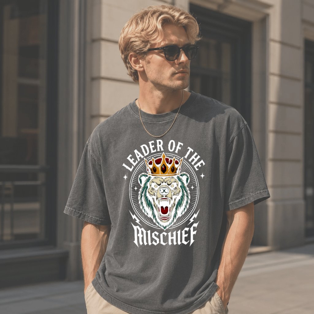 Comfort Colors Leader of The Mischief Bear King Shirt - Funny Animal Gift for Him - detail view