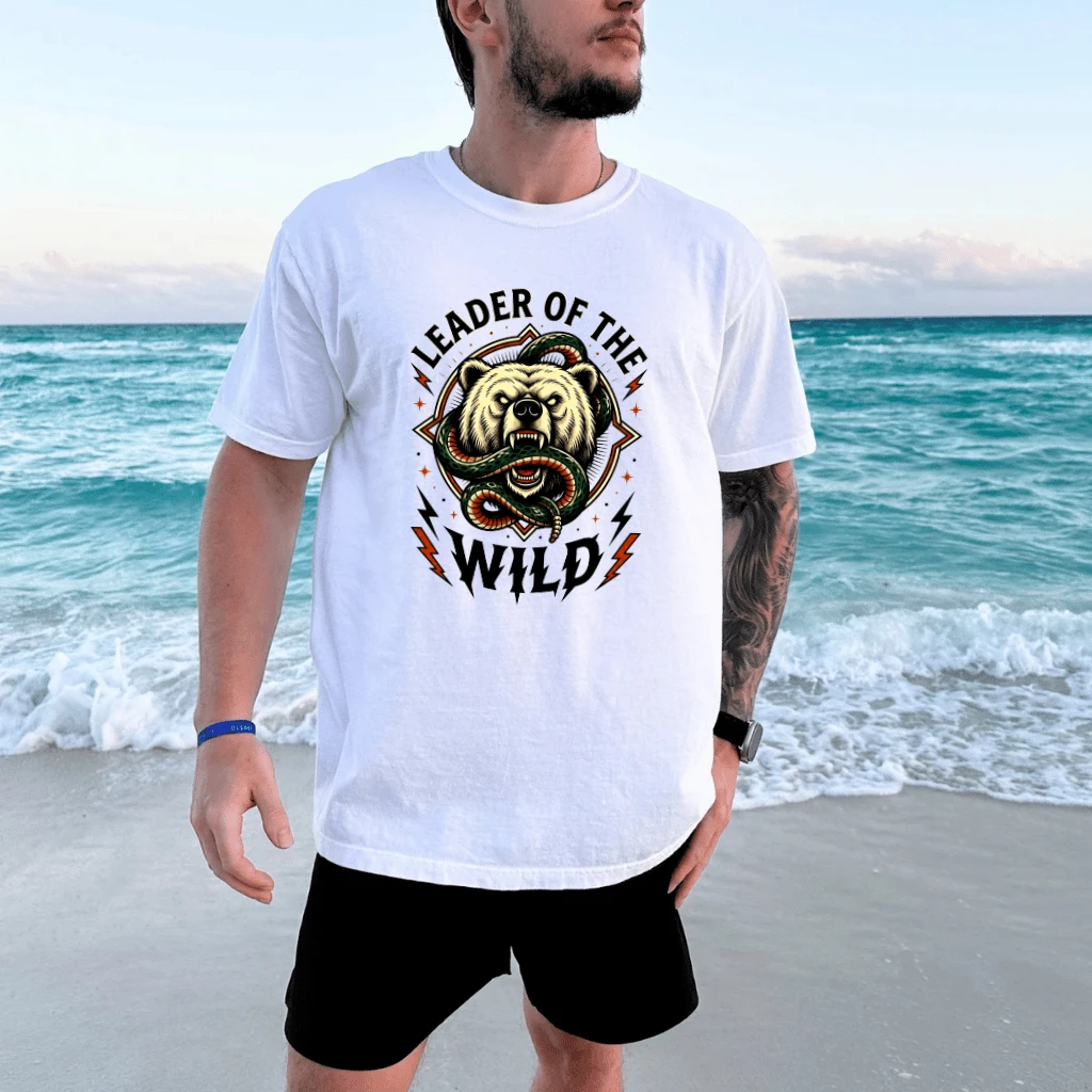 Leader of the Wild Cool Daddy Bear T-Shirt - Funny Wilderness Animal Gift for Dad - detail view