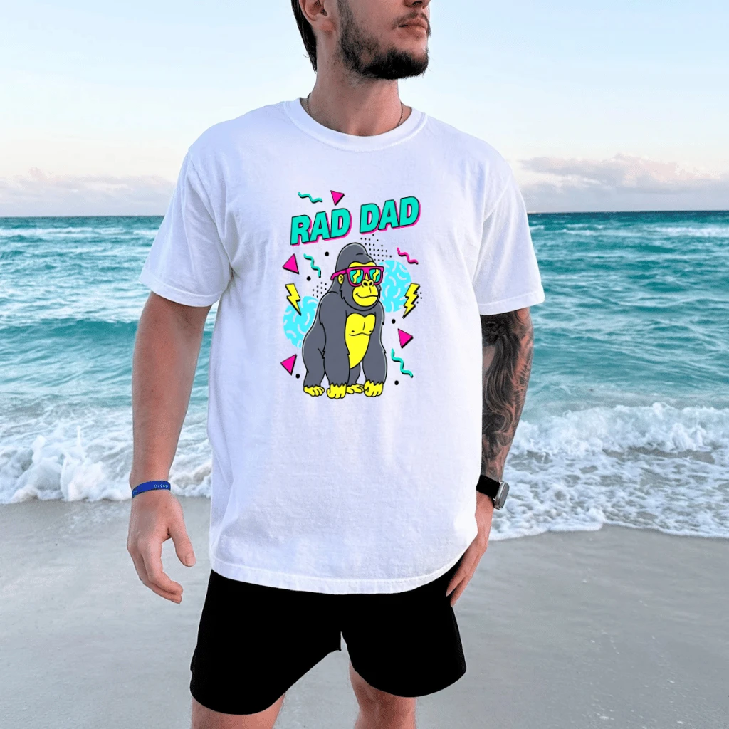Cool Dad Gorilla T-Shirt - Funny 80s Retro Neon Dad Shirt - Father's Day Gift for Him - detail view