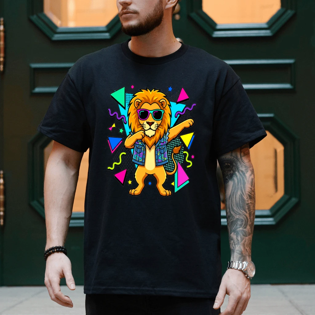 Retro Dabbing Lion T-Shirt - Funny 80s Neon Animal Gift for Men - back view