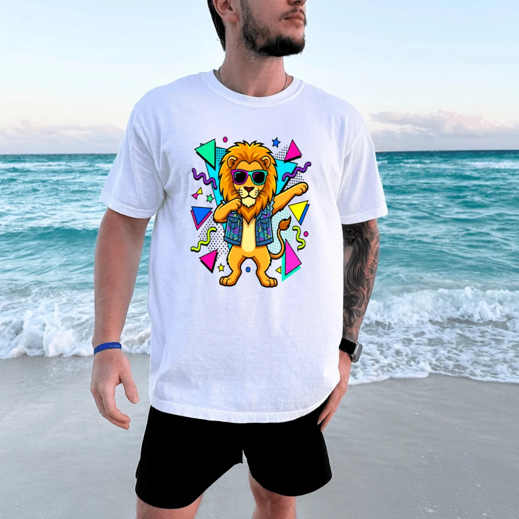 Retro Dabbing Lion T-Shirt - Funny 80s Neon Animal Gift for Men - detail view