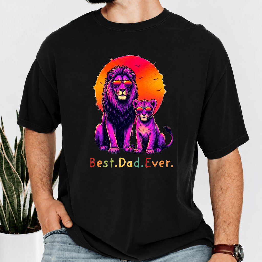 Comfort Colors Best Dad Ever Shirt - Neon Sunset Lion Dad and Cub Shirt - Cool Father's Day Gift for Him - back view