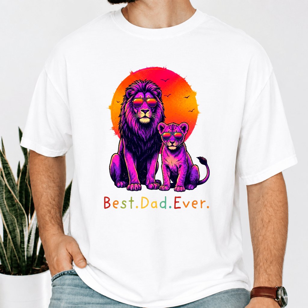 Comfort Colors Best Dad Ever Shirt - Neon Sunset Lion Dad and Cub Shirt - Cool Father's Day Gift for Him - detail view