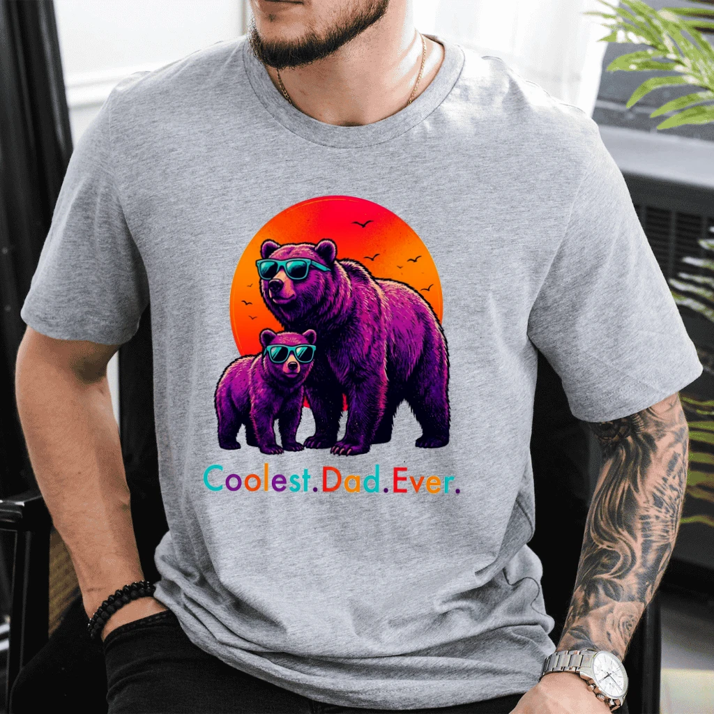 Coolest Dad Ever T-Shirt - Neon Sunset Bear Dad & Cub Shirt - Funny Father's Day Gift for Bear Lovers - back view