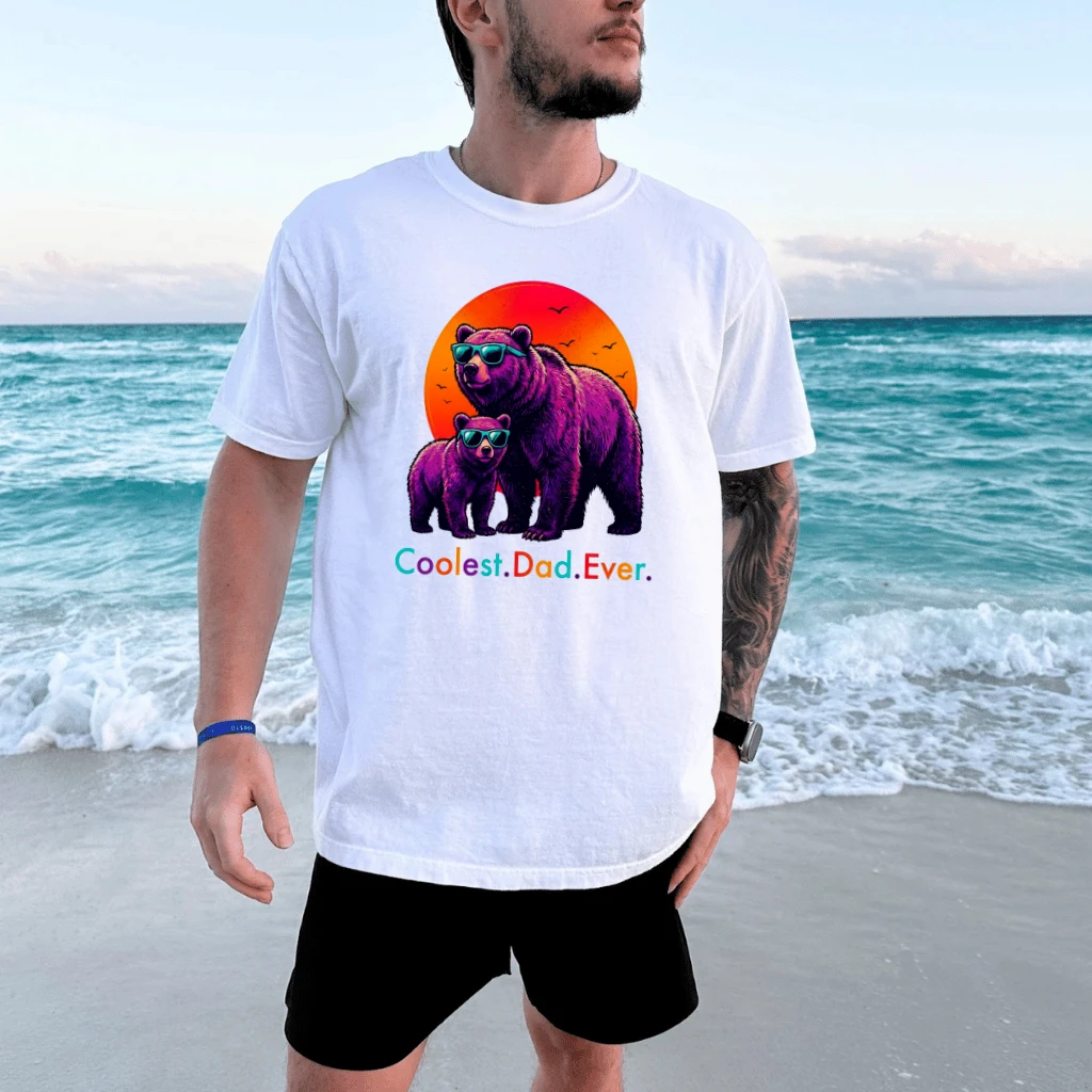 Coolest Dad Ever T-Shirt - Neon Sunset Bear Dad & Cub Shirt - Funny Father's Day Gift for Bear Lovers - detail view