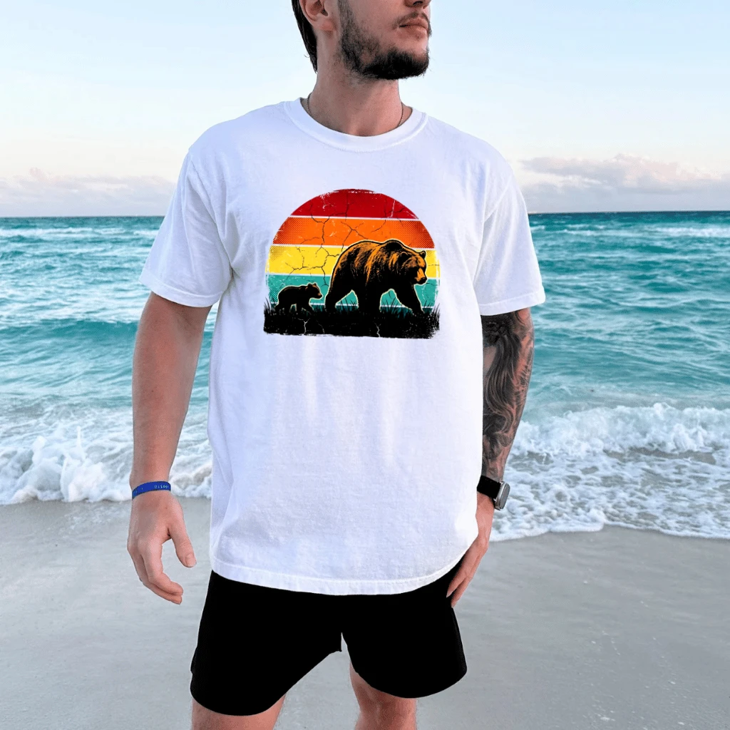 Vintage Papa Bear T-Shirt - Retro Sunset Wildlife Bear Dad Gift for Him - back view