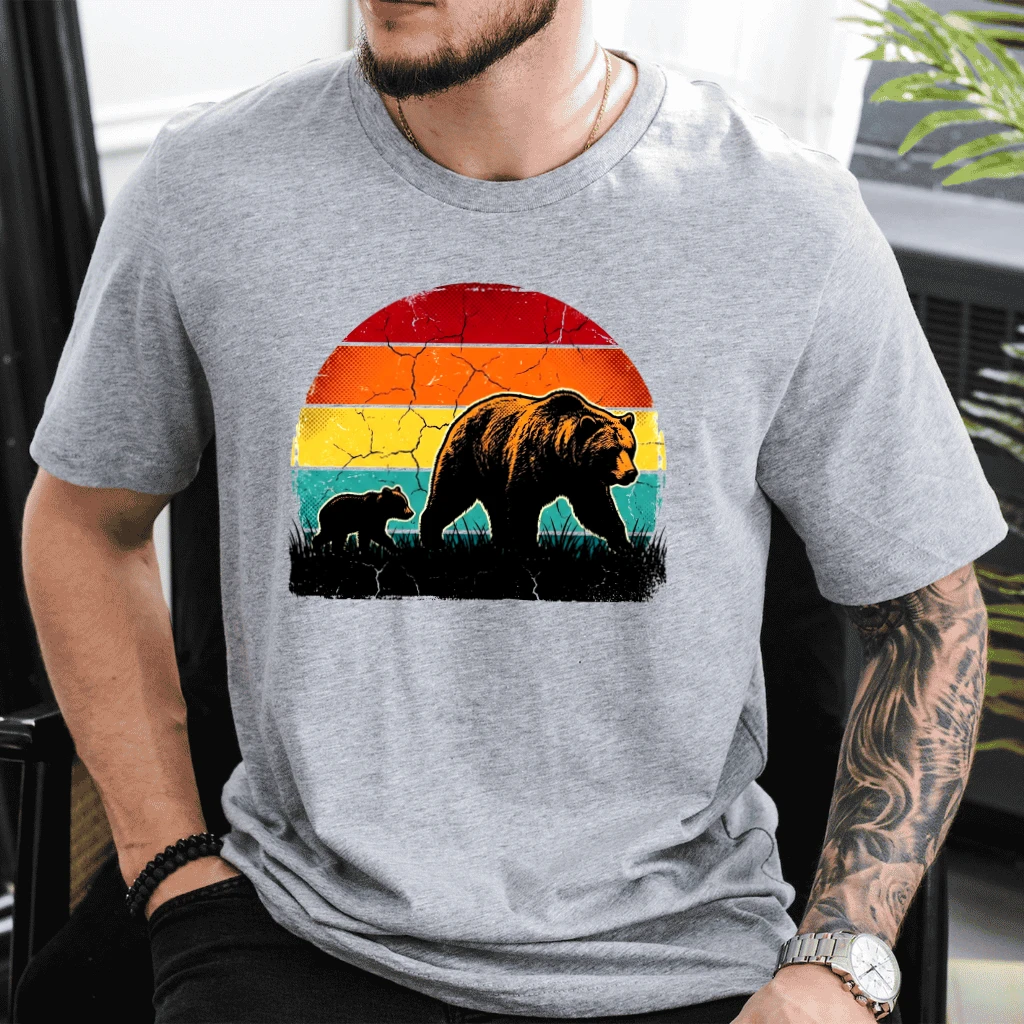 Vintage Papa Bear T-Shirt - Retro Sunset Wildlife Bear Dad Gift for Him - detail view