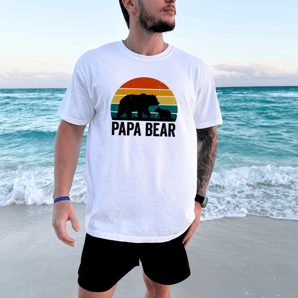 Retro Sunset Papa Bear T-Shirt - Wildlife Dad Gift for Him - back view