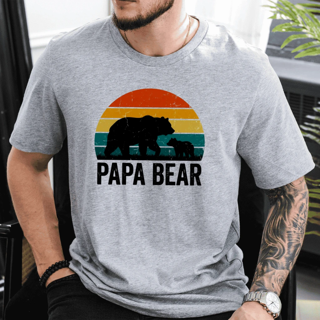 Retro Sunset Papa Bear T-Shirt - Wildlife Dad Gift for Him - detail view