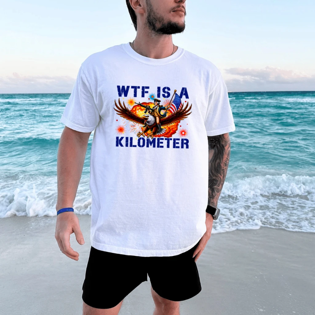 Retro WTF Is A Kilometer USA Eagle T-Shirt - Funny 4th Of July Gift for Him - detail view