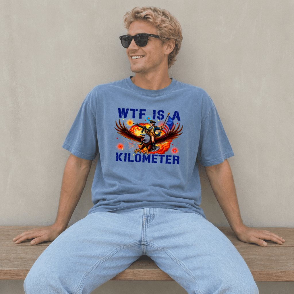 Comfort Colors Retro WTF Is A Kilometer USA Eagle Shirt - Funny 4th Of July Gift for Him - detail view