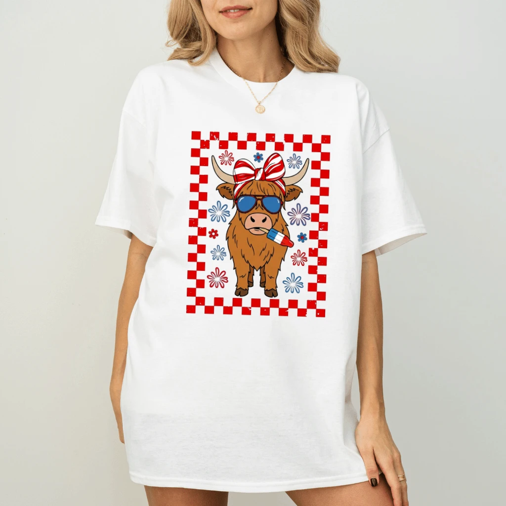 Red White And Blue Patriotic Cow T-Shirt - Funny Cow 4th of July Gift for Her - back view