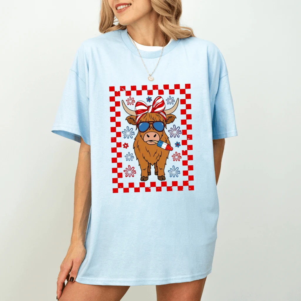 Red White And Blue Patriotic Cow T-Shirt - Funny Cow 4th of July Gift for Her - detail view
