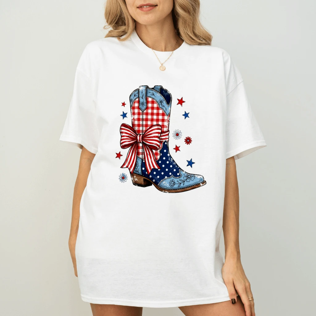 Vintage Coquette American Patriotic Boots T-Shirt - Cute Patriotic Gift for Her - back view