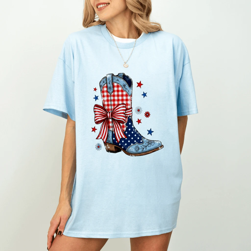 Vintage Coquette American Patriotic Boots T-Shirt - Cute Patriotic Gift for Her - detail view